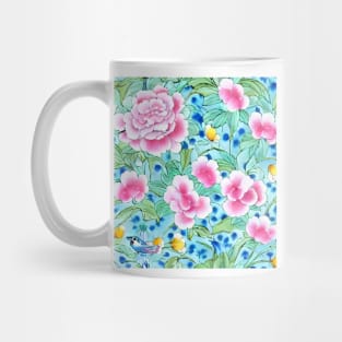 Pink chinoiserie flowers and leaves on turquoise Mug